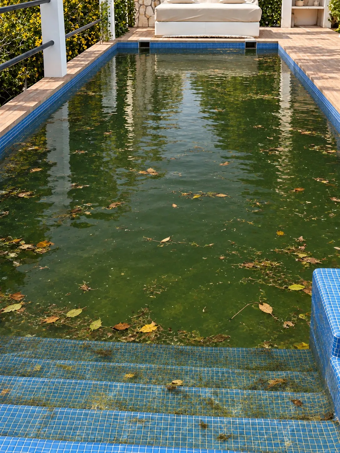 Villa pool before treatment, green water full of leaves